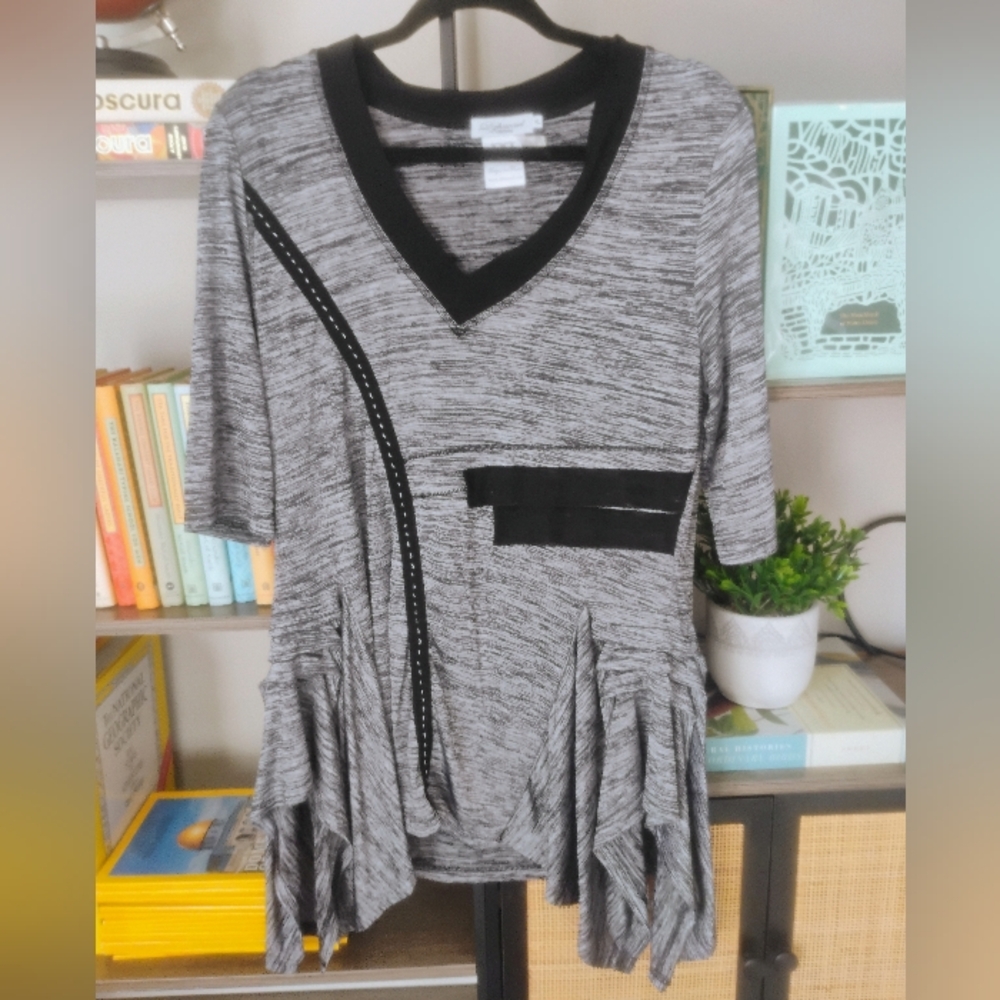 French Dzhavael Silky Mixed Media Ruffle Tunic